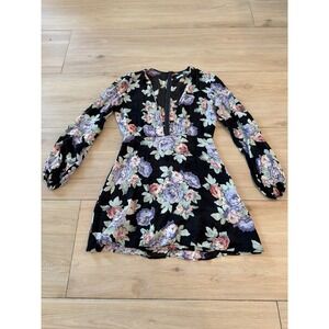 Reformation Floral Mini Dress Black Purple Long Sleeve V-Neck Fit & Flare